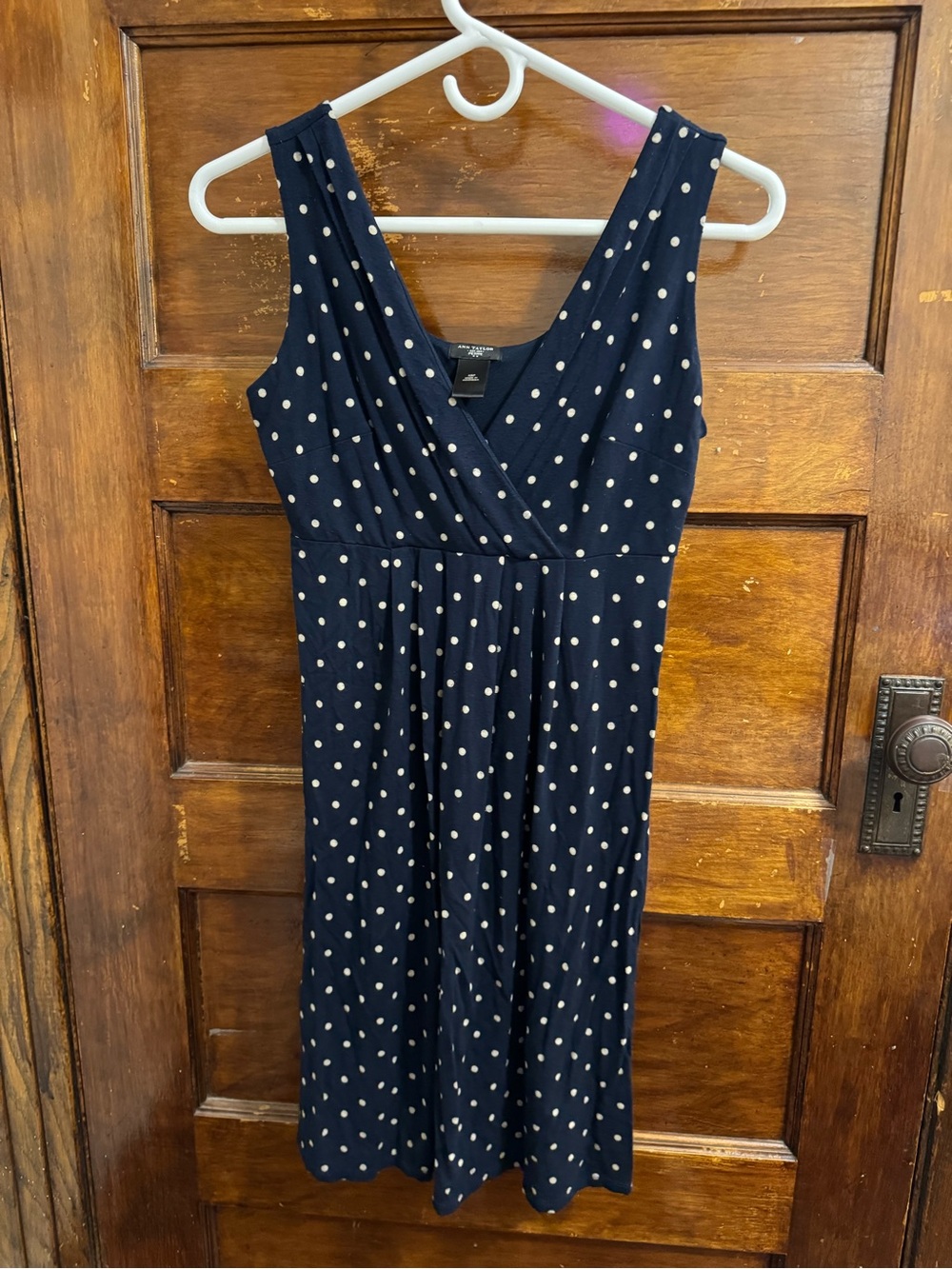 Ann Taylor Navy and White Polka Dot Sleeveless V-Neck Dress